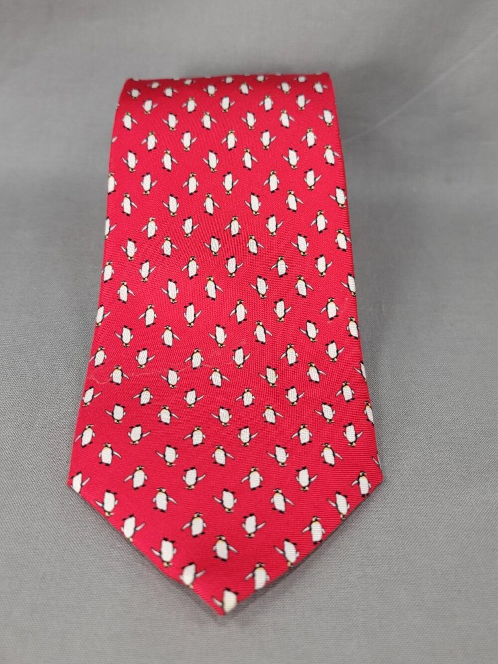 J Crew Silk Necktie Tie Mens Red White Penguin Print
